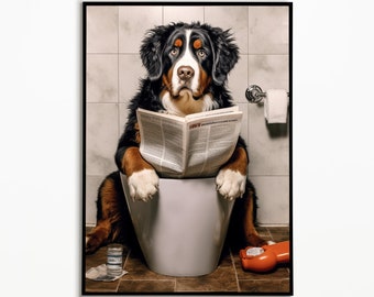 Bernese Mountain Dog Sitting on the Toilet and Reading Newspaper, Bathroom Pictures, Bathroom Decoration, Bernese Mountain Dog Gift, Funny Dog Picture