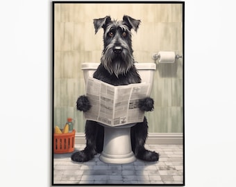May include: A black dog sits on a white toilet, reading a newspaper. The dog is wearing a serious expression and has a black and white newspaper in its paws. The toilet is in a bathroom with white tile walls and a roll of toilet paper on the holder.