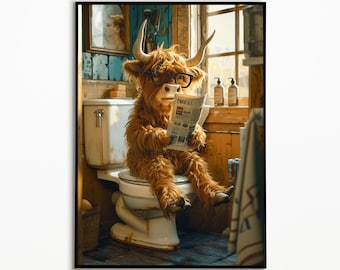 Highland Cow op toilet, badkamerfoto, digitale download, Highland Cow Gift, grappig beeld, badkamer decorideeën, kunst aan de muur