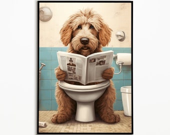 Labradoodle on the toilet and reading the newspaper, bathroom picture, bathroom decoration, Labradoodle gift, funny picture, bathroom furnishing ideas
