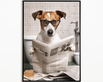 Puede incluir: Impresión enmarcada de un Jack Russell Terrier con gafas leyendo un periódico en un inodoro. El entorno del baño incluye un inodoro, jabón y un grifo.