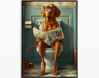Vizsla on the toilet and reading newspaper, Bathroom pictures, Digital download, Vizsla gift, Funny Dog Picture, Bathroom decor