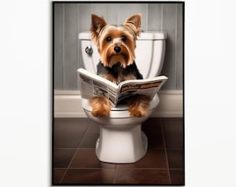 May include: A Yorkshire Terrier dog sits on a white toilet seat, reading a newspaper. The dog is wearing a black collar and has brown and black fur. The toilet is in a bathroom with brown tiled floors.