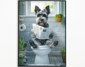 Könnte beinhalten: Ein grau-schwarzer Zwergschnauzer sitzt auf einer weißen Toilette in einem Badezimmer und liest Zeitung. Der Hund trägt ein schwarzes Halsband und hat einen ernsten Gesichtsausdruck. Im Hintergrund befinden sich Pflanzen.