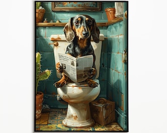 Perro salchicha en el baño y leyendo el periódico, Imágenes del baño, Descarga digital, Regalo de perro salchicha, Imagen divertida del perro, Impresiones de arte de pared Perro