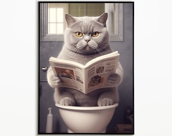 Britisch Kurzhaar Katze sitzt auf der Toilette und liest Zeitung, Badezimmer Bilder, Katzen Geschenk, Funny Cat Picture, Katzen Poster Bad