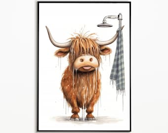 Hooglandkoe staat in de douche, badkamerfoto's, badkamerdecoratie, Hooglandkoecadeau, grappige koefoto, badkamerinrichtingsideeën