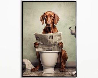 Vizsla on the toilet and reading newspaper, Bathroom pictures, Digital download, Vizsla gift, Funny Dog Picture, Bathroom decor
