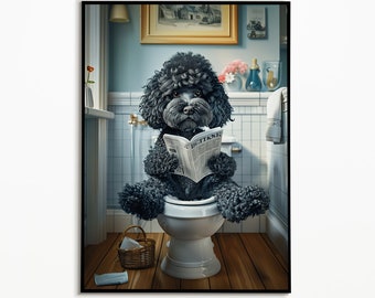 Poodle sitting on the toilet, bathroom pictures, digital download, bathroom decoration, poodle gift, funny dog picture, bathroom furnishing ideas