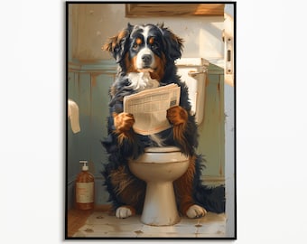 Bernese Mountain Dog sitting on the toilet and reading newspaper, bathroom pictures, bathroom decoration, Bernese Mountain Dog gift, Funny Dog Picture