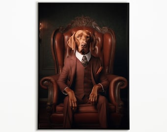 Vizsla in a suit in an armchair, funny dog picture, digital download, gift for dog owners, Funny Dog Picture, Vizsla art