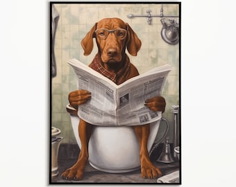 Vizsla on the toilet and reading newspaper, Bathroom poster, digital download, Gift for dog owners, Funny Dog Picture, Vizsla art