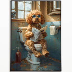 Goldendoodle on toilet, bathroom picture, digital download, Goldendoodle gift, funny picture, bathroom furnishing ideas, wall art