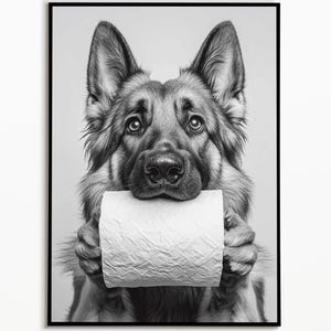 German Shepherd holding a toilet paper roll, digital download, bathroom decoration, pet gift ideas, funny animal picture