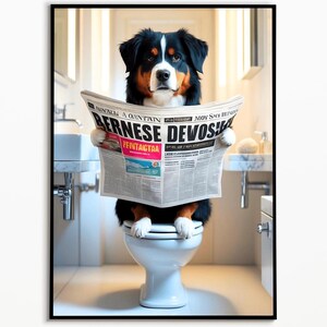 Berner Sennenhund sitzt auf der Toilette und liest Zeitung, Badezimmer Bilder, Badezimmer Deko, Berner Sennenhund Geschenk,Funny Dog Picture