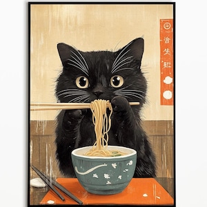 Schwarze Katze isst Nudeln, Tokyo Poster, Wandkunst Tokyo,  Küchen Bild, Katzen Geschenkideen, Lustiges Katzenbild,  Katzen Poster