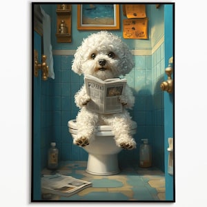 Bichon Frise on the toilet and reading newspaper, bathroom ideas pictures, funny dog picture, furnishing ideas bathroom poster, wall decoration
