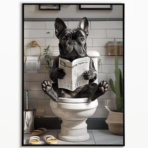 French Bulldog on the toilet, bathroom ideas pictures, funny dog picture, interior design ideas bathroom poster, gift idea dog owner