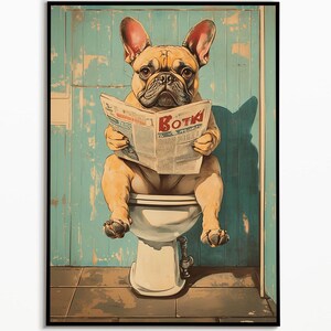 French Bulldog Vintage on the Toilet, Bathroom Ideas Pictures, Funny Dog Picture, Interior Design Ideas Bathroom Poster, Gift Idea Dogs