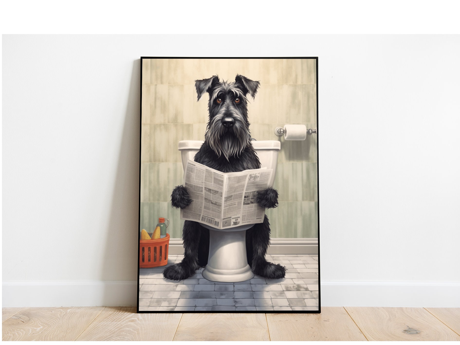 Giant Schnauzer on the Toilet and Reading Newspaper, Bathroom