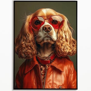 Cocker Spaniel with leather jacket and glasses, living room pictures, digital download, spaniel dog gift ideas, funny dog picture, wall art