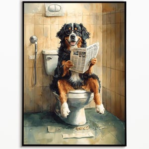 Bernese Mountain Dog sitting on the toilet and reading newspaper, bathroom pictures, Bernese Mountain Dog gift, funny dog picture watercolors