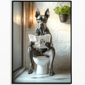 Great Dane on the toilet and reading newspaper, bathroom pictures, bathroom decoration, Great Dane gift, funny dog picture, dog picture