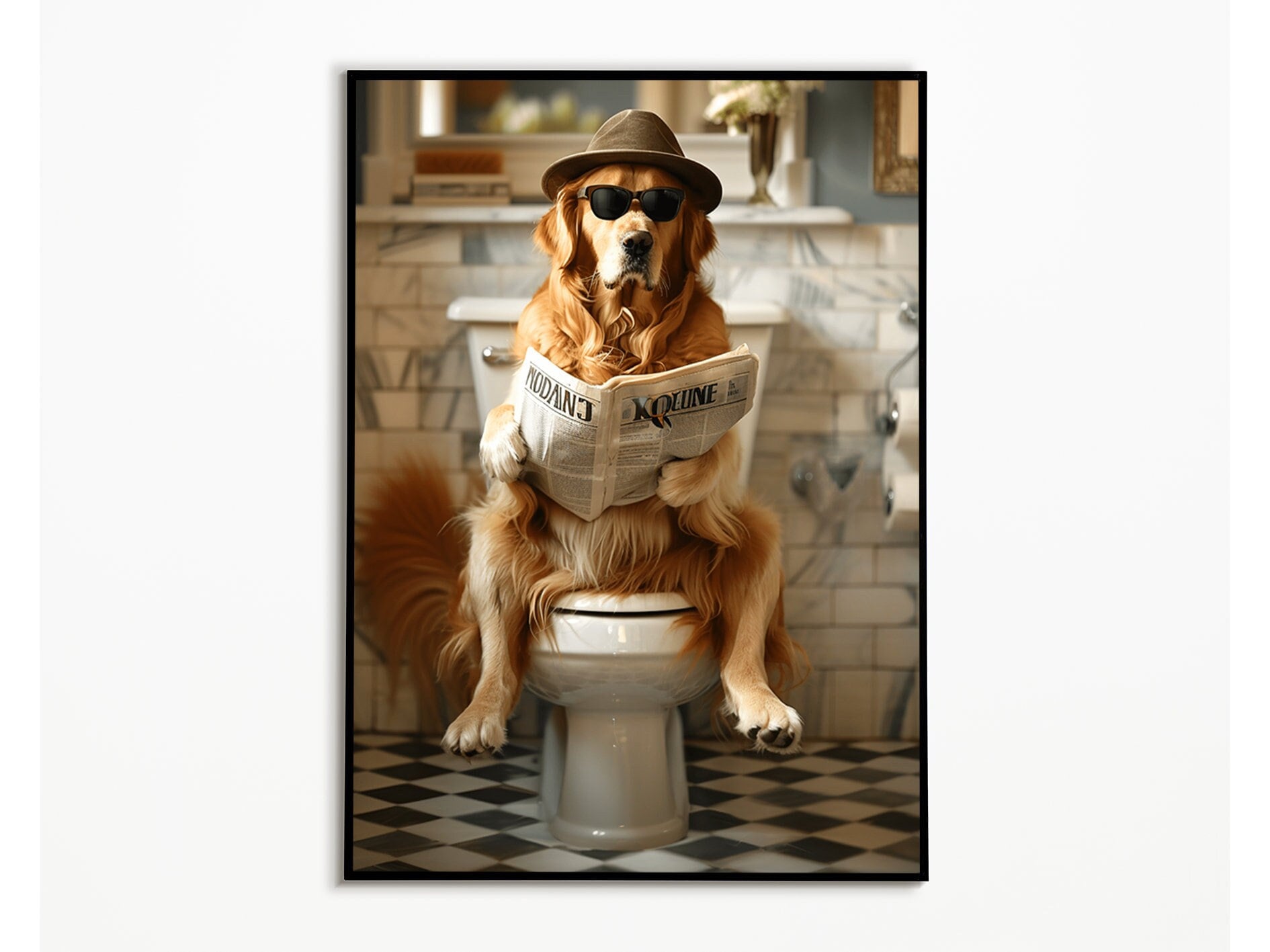 Toile Drôle Chien Labrador Jaune Au Téléphone Sur Toilettes - Art Mural Humoristique