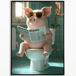 Pig on the toilet and reading newspaper, bathroom poster, digital download, gift ideas poster, Funny Pig Picture, Wall art Prints