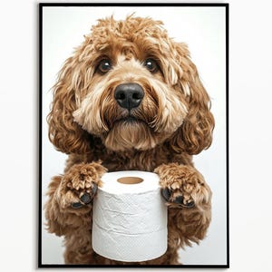 Cockapoo holding a toilet paper roll, Digital Download, Bathroom Decoration, Pet Gift Ideas, Funny Animal Picture, Bathroom Wall Art