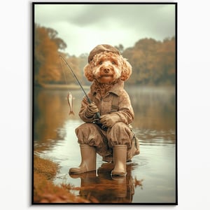 Goldendoodle fishing at the lake, gift ideas for dog owners, digital download, gift for dog owners, Funny Dog Picture, Wall Art Dog