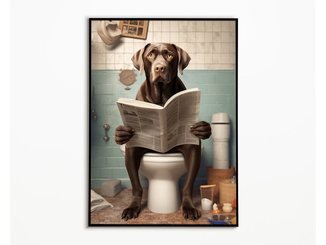 Labrador Sitting on the Toilet and Reading Newspaper, Digital Download ...