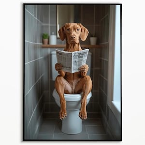 Vizsla auf der Toilette und liest Zeitung, Badezimmer Poster, digitaler download, Geschenk für Hundebesitzer, Funny Dog Picture, Vizsla art
