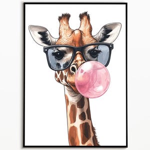 Giraffe with bubble gum pink, funny animal picture, digital download, funny giraffe picture, giraffe gift ideas, wall art prints