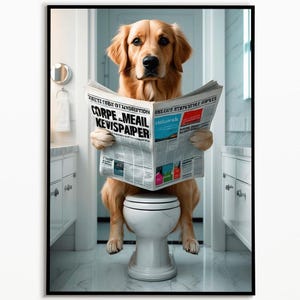Golden Retriever auf der Toilette und liest Zeitung, Badezimmer Bilder, Badezimmer Deko, Haustier Geschenk, Funny Dog Picture, Pets Gifts