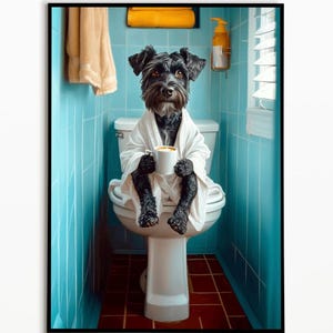 Giant Schnauzer on the toilet and drinking coffee, bathroom picture, funny dog picture, gift ideas for dog owners, wall art print