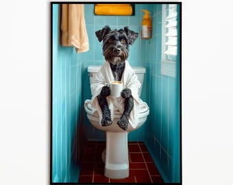 Riesenschnauzer auf der Toilette und trinkt Kaffee, Badezimmer Bild ,Lustiges Hundebild, Geschenkideen Hundebesitzer, Wall Art Print