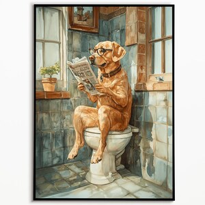 Labrador sitting on the toilet reading newspaper, bathroom pictures, bathroom decoration, Labrador gift, funny dog picture, watercolor picture
