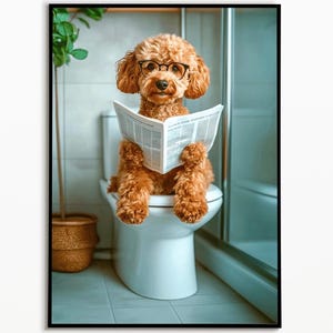 Labradoodle on toilet and reading newspaper, bathroom picture, bathroom decoration, Labradoodle gift, funny picture, bathroom furnishing ideas