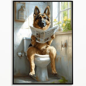 Deutscher Schäferhund auf der Toilette und liest Zeitung, Badezimmer Bilder, Badezimmer Deko, Schäferhund Geschenkideen, Funny Dog Picture