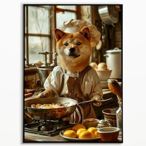 Korea Jindo Dog as a cook in the kitchen, funny dog picture, digital download, gift ideas dog, wall art prints, picture for the kitchen