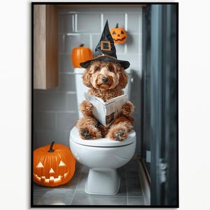 Goldendoodle on toilet, Halloween picture, digital download, Goldendoodle gift, funny Halloween dog picture, bathroom picture
