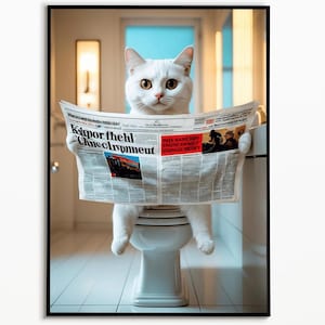 White cat on the toilet, bathroom pictures, gift ideas cats, funny cat picture, cat poster bathroom, wall art print, cat picture bathroom