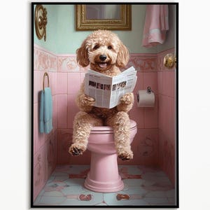 Goldendoodle on toilet, bathroom picture, digital download, Goldendoodle gift, funny picture, bathroom furnishing ideas, wall art