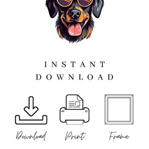 Puede incluir: Ilustraci&oacute;n digital de un perro negro y marr&oacute;n con gafas de sol. El perro sonr&iacute;e con la lengua fuera. El texto "INSTANT DOWNLOAD" est&aacute; debajo de la imagen. Debajo del texto hay tres iconos: una flecha de descarga, una impresora y un marco de imagen.
