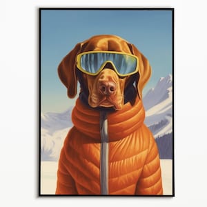 Vizsla con giacca invernale e occhiali da sci, immagine divertente del cane, download digitale, regalo per i proprietari di cani, immagine divertente del cane, arte Vizsla