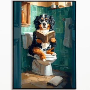 Berner Sennenhund sitzt auf der Toilette und liest ein Buch, Badezimmer Bilder, Badezimmer Deko,Berner Sennenhund Geschenk,Funny Dog Picture