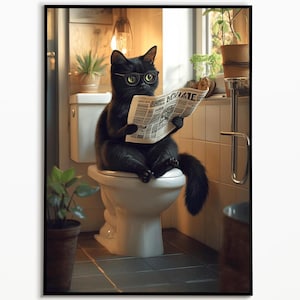 Black cat sitting on the toilet and reading newspaper, bathroom pictures, cat gift ideas, funny cat picture, cat poster bathroom