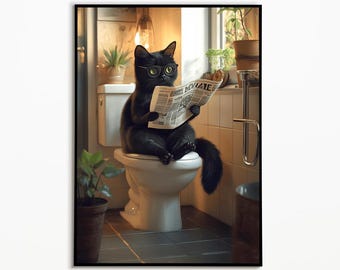 Black cat sitting on the toilet and reading newspaper, bathroom pictures, cat gift ideas, funny cat picture, cat poster bathroom