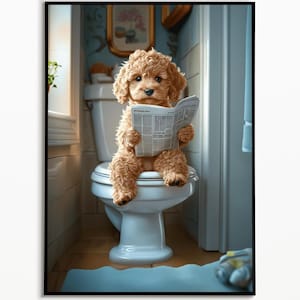 Goldendoodle puppy on toilet, bathroom picture, digital download, Goldendoodle gift, funny picture, bathroom furnishing ideas